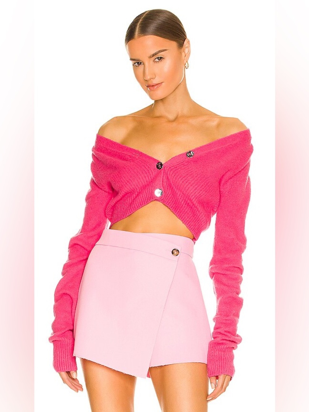 Helmut Lang Bright Pink Cropped Fuzzy Cardigan in Disco Pink
